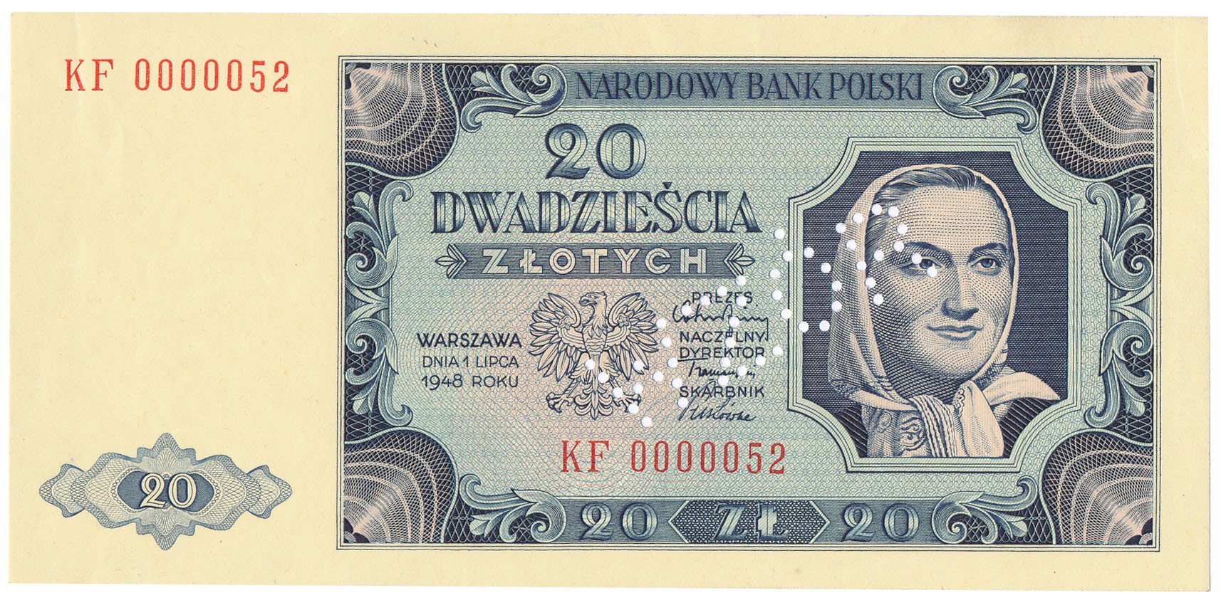 Banknot. WZÓR 20 złotych 1948 seria KF